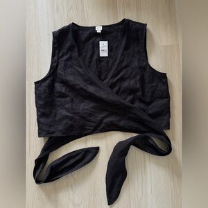 Ann Taylor Loft Beach Linen wrap tie top blouse shirt coverup black sleeveless M